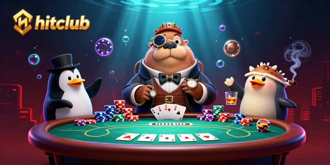 Hitclub poker scene with a walrus, penguin dealer, and pufferfish player bluffing underwater.