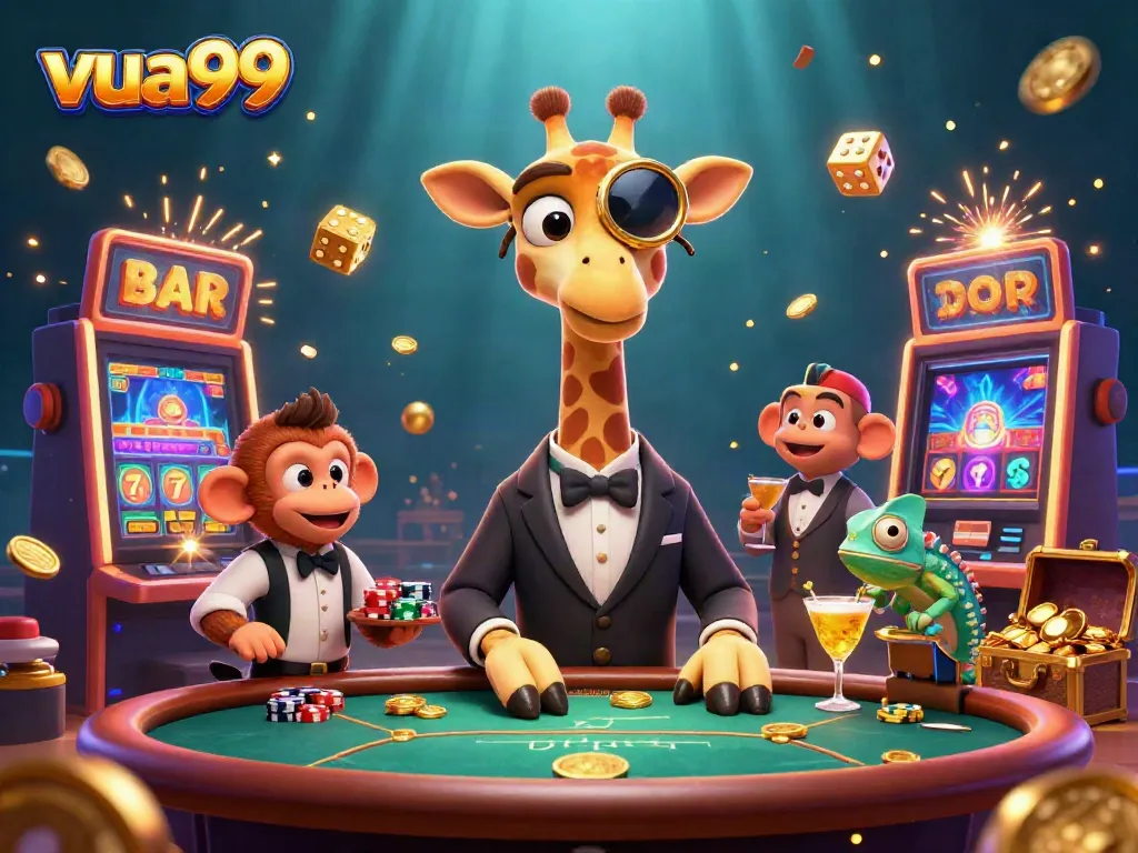 Experience slots excitement at vua99 with a high-roller giraffe and lively casino atmosphere.