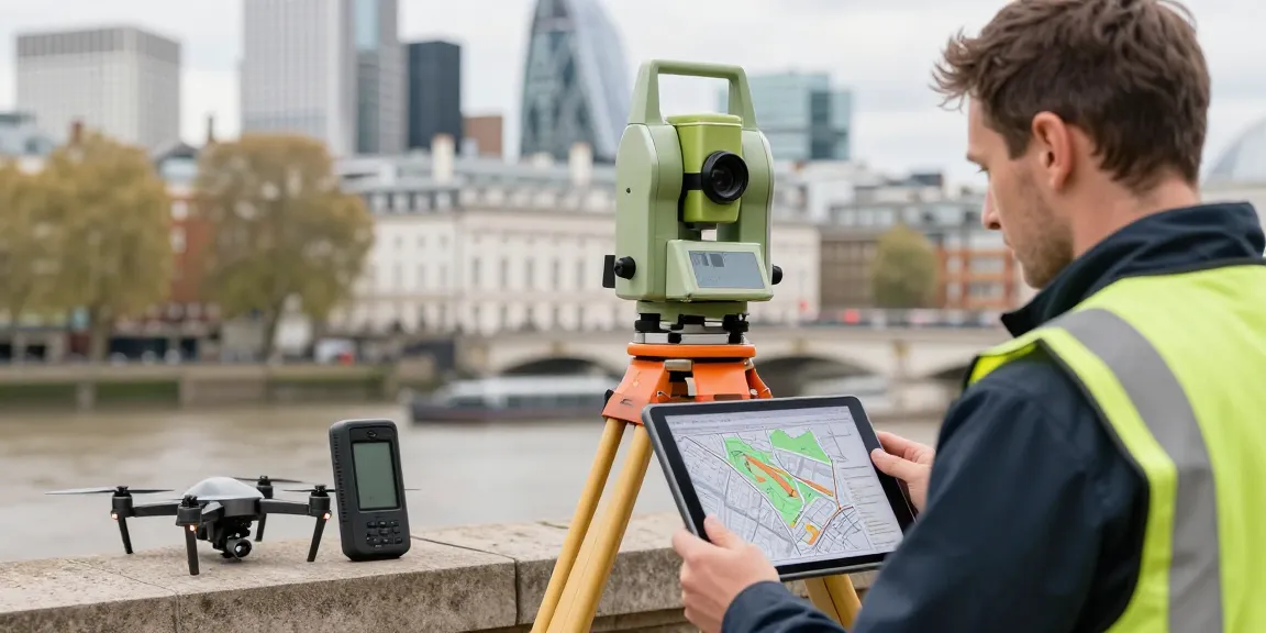 Topographical surveys london featuring a surveyor using advanced equipment in a busy urban setting.