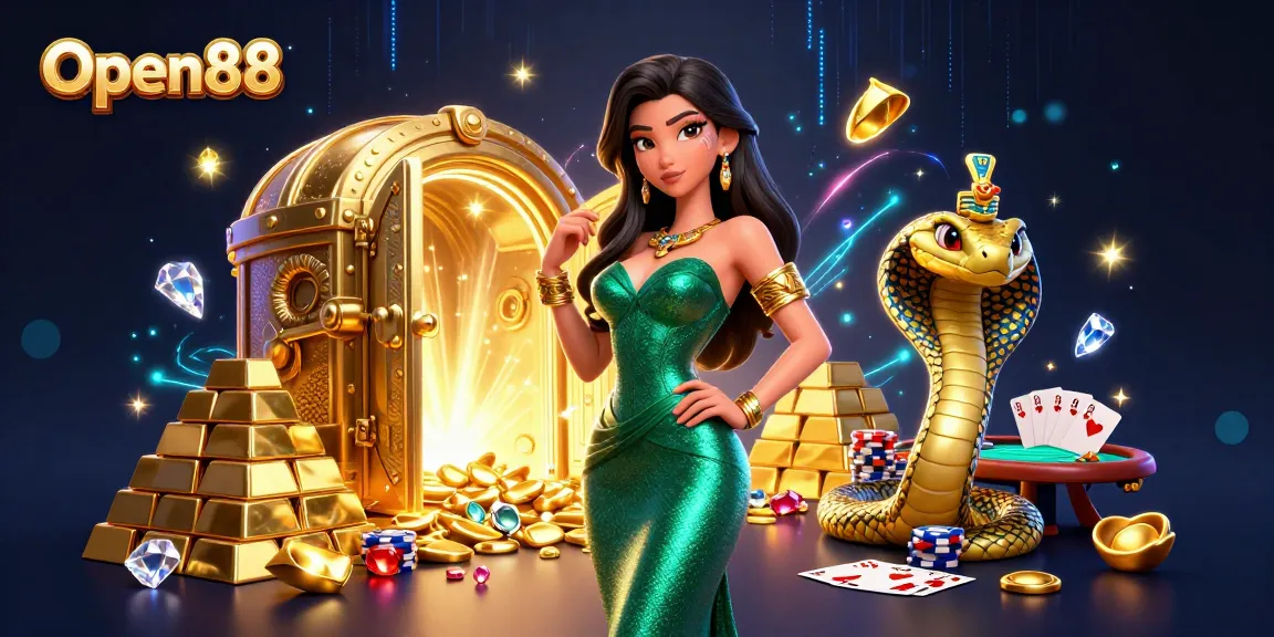 Experience thrilling gameplay at Open88 with an enticing scene featuring poker elements, jewels, and vibrant energies.