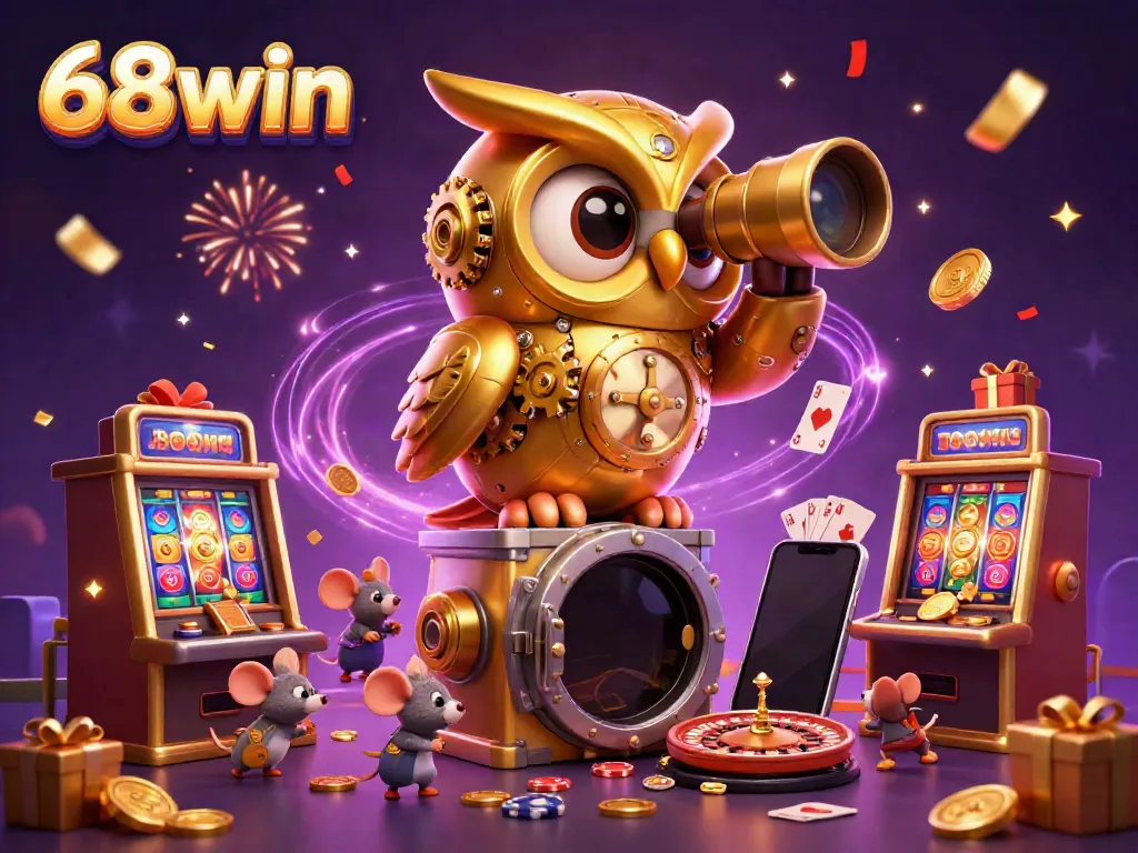 Experience thrill with 68win as the golden owl surveys an exciting casino scene filled with animated slot machines.