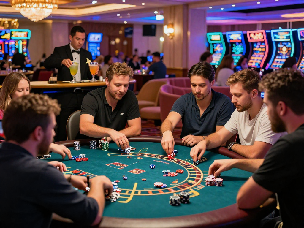 Giocatori entusiasti in un casino non AAMS, immersi nel gioco e circondati da luci brillanti.