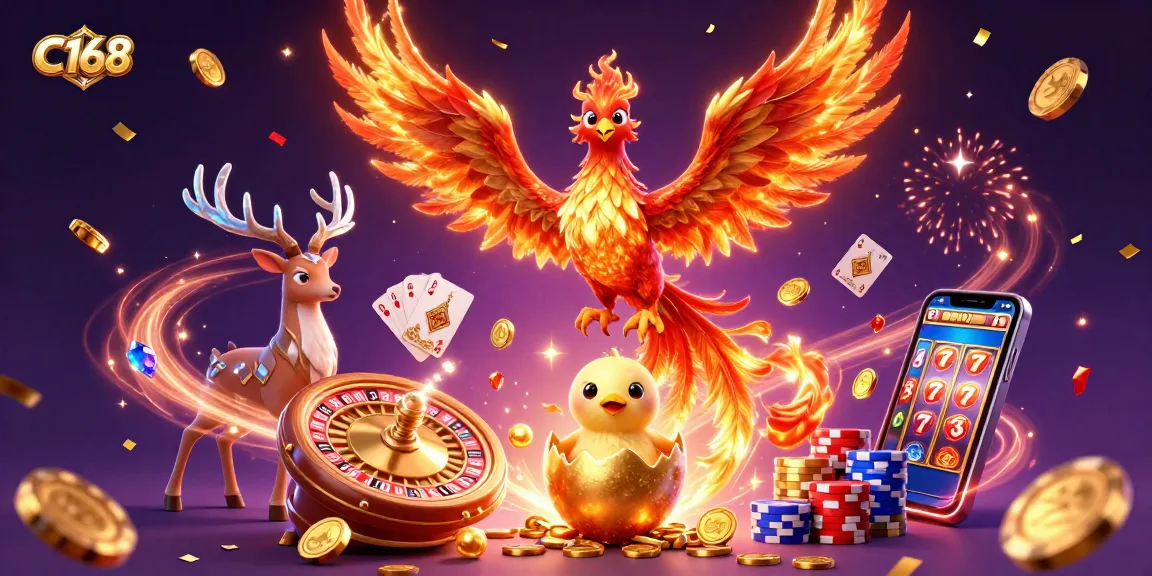 C168's fire phoenix ignition celebrates casino wins, surrounded by gold coins and dynamic gaming elements.