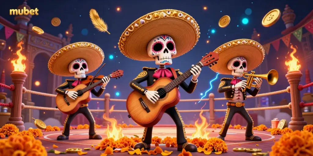 Experience excitement with the vibrant mubet casino scene featuring mariachi skeletons and golden betting tokens.