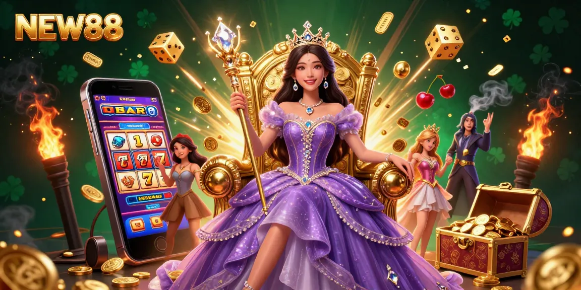 Experience the vibrant world of NEW88 with a regal casino scene featuring jackpots, slots, and golden treasures.