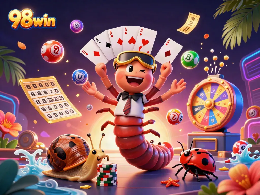 Experience the thrill of 98win as a millipede dealer showcases cards amidst a vibrant casino atmosphere.