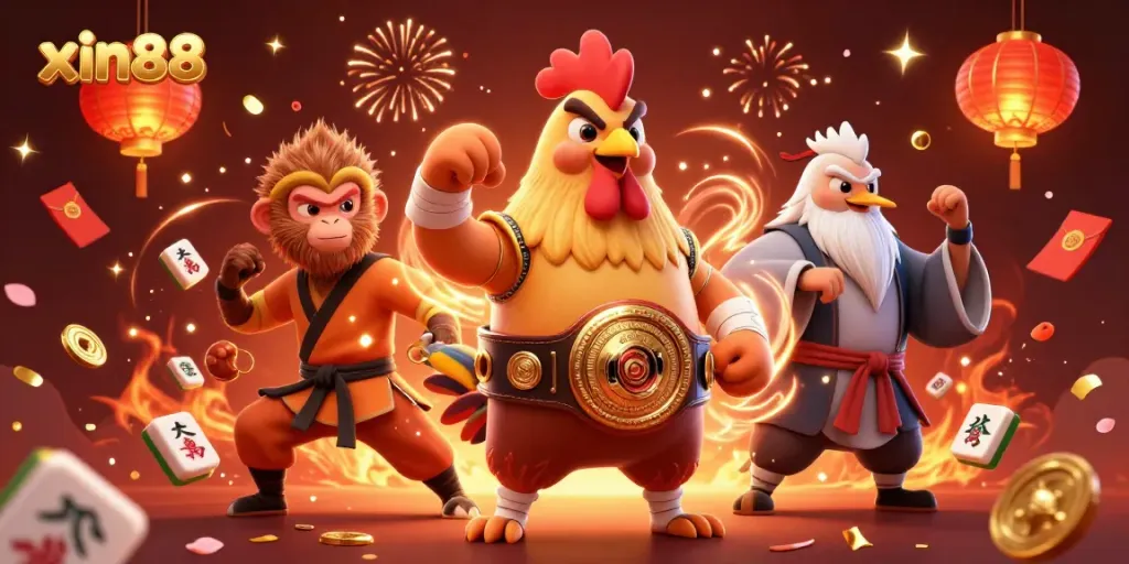 Experience thrilling gameplay at xin88 with a dynamic illustration of a Muay Thai rooster, Shaolin monkey, and crane master.