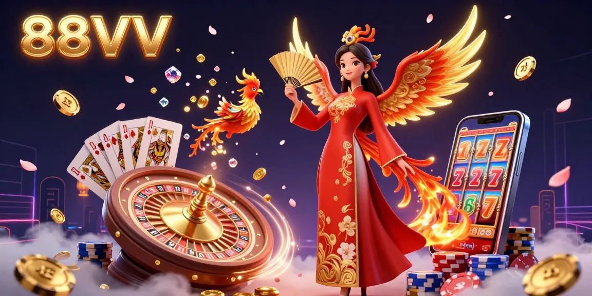 Experience the excitement of 88VV's dynamic casino games with a vibrant 3D scene featuring a lucky player, golden coins, and dazzling elements.