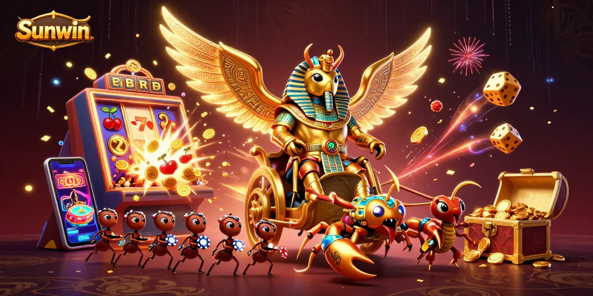 Experience the thrilling world of Sunwin with a vibrant scene showcasing slot machines and playful casino elements.
