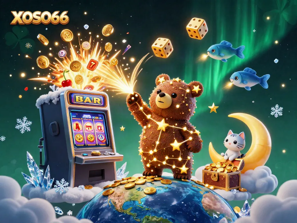 XOSO66 jackpot explosion with cartoon characters reaching for coins in a vibrant casino scene.