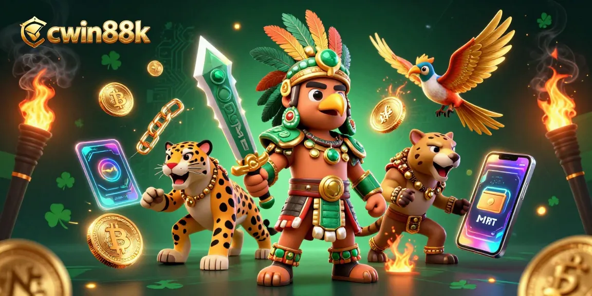 Win big with cwin88k in a vibrant, dynamic 3D casino scene featuring warriors and crypto elements.