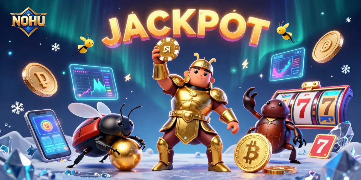 Lift the NOHU jackpot with a vibrant casino scene featuring victory poses and neon elements.