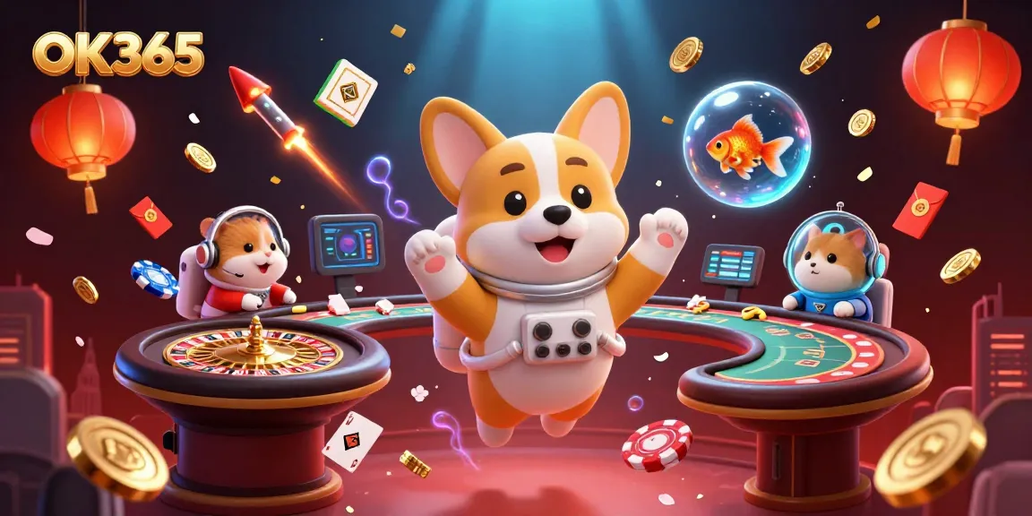 Play thrilling games at OK365 in a vibrant 3D space casino with floating poker elements and exciting characters.