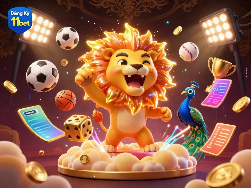 Engage with Đăng Ký 11bet through this vibrant, dynamic casino-themed 3D illustration.