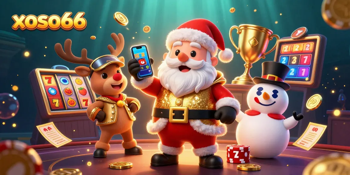 Xoso66 players enjoying vibrant jackpots at a 3D casino with festive characters.