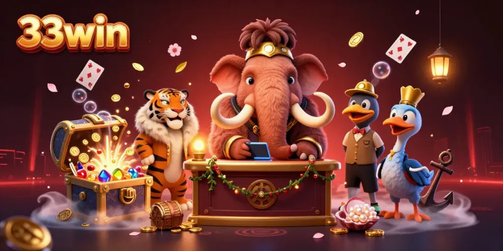 Experience the vibrant allure of 33win with playful characters in a dynamic casino scene, showcasing rich game elements.