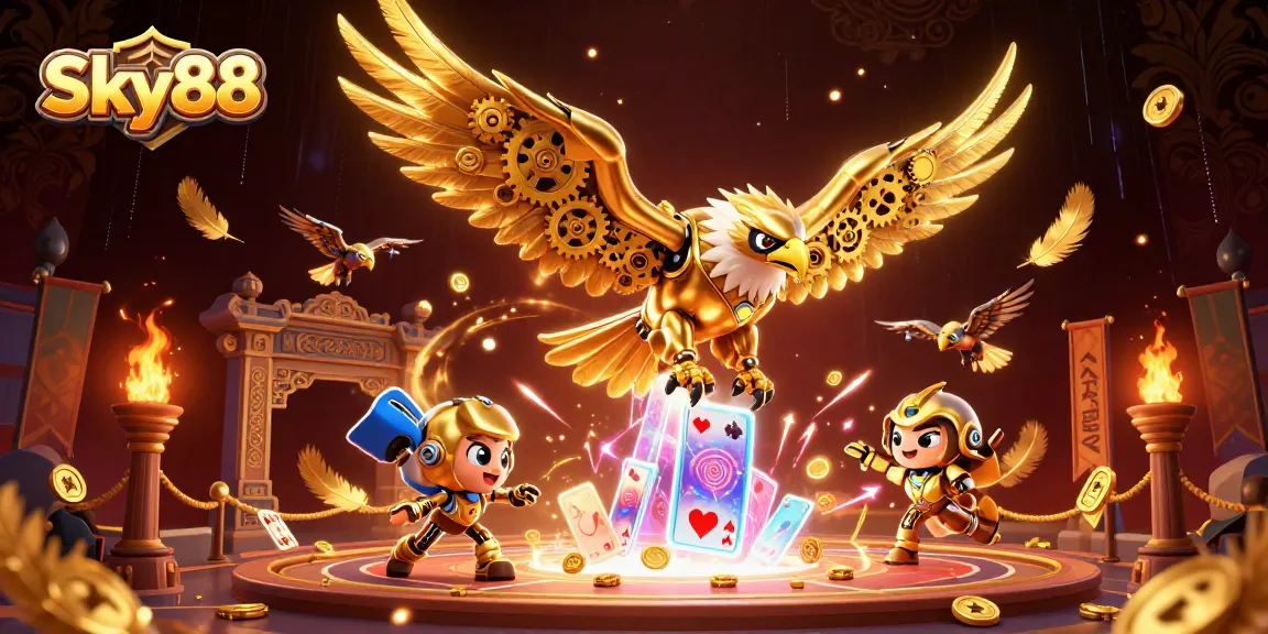 Sky88 enhances your gaming adventure with an engaging 3D cybernetic eagle illustration.