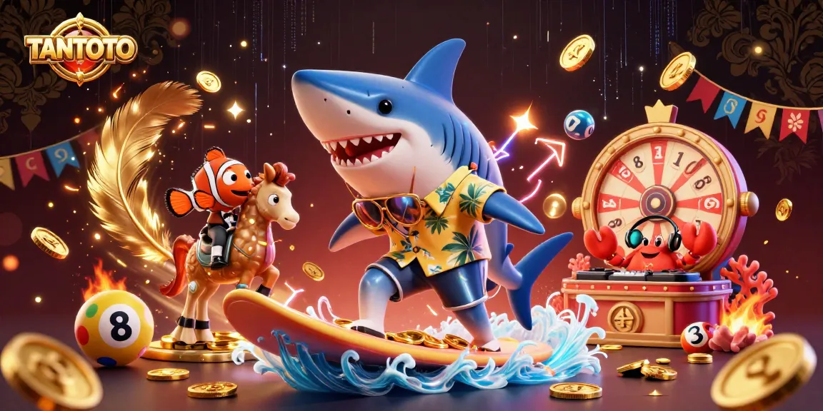 TANTOTO showcases a vibrant scene of fun and excitement with cartoon characters and lottery elements.