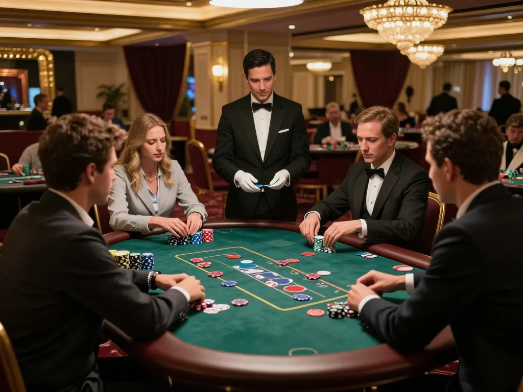 fyhot players strategizing at a glamorous blackjack table in an upscale casino