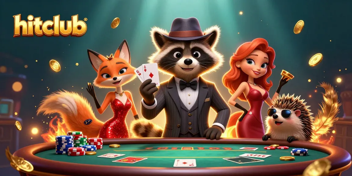 Play poker with the suave gentleman raccoon at hitclub, surrounded by dazzling game elements.