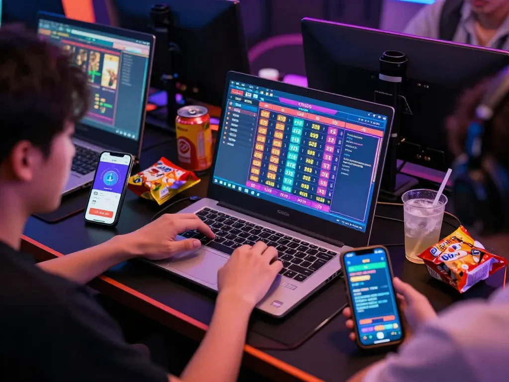 Exciting lô đề online gaming session with players using laptops and smartphones for bets.