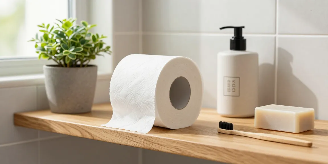 Bamboo toilet roll featured in an eco-friendly bathroom setting with a potted plant, emphasizing sustainability and natural living.
