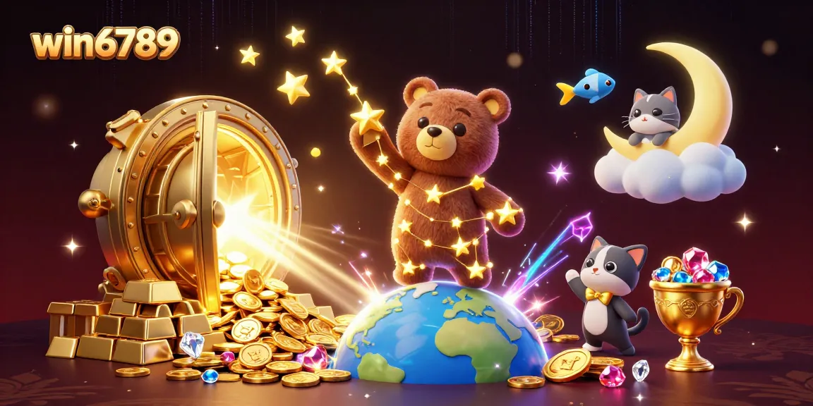 Engage with win6789 by winning big with our animated constellation bear and coins scene.