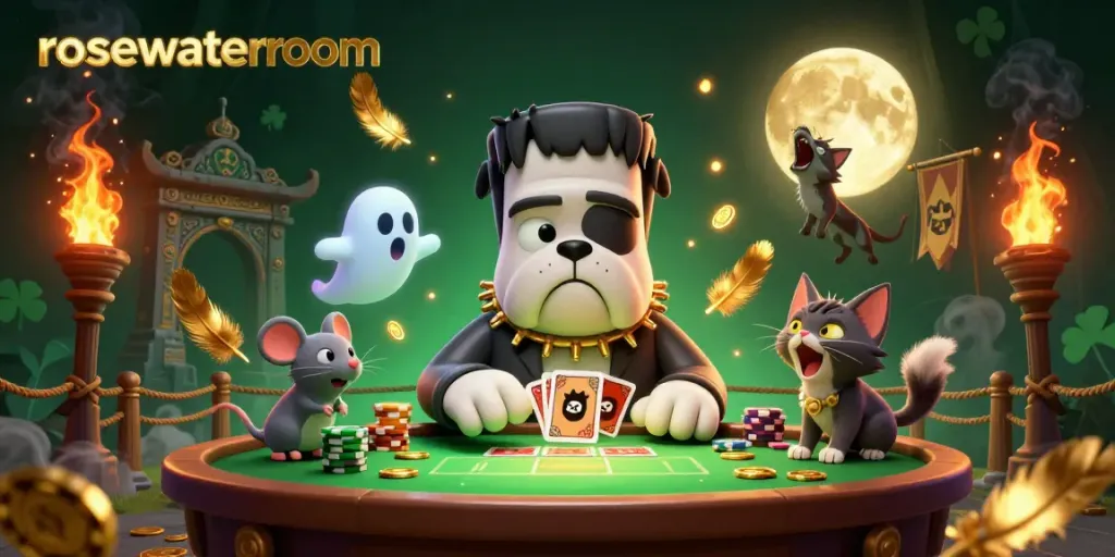 Engage players at rosewaterroom with thrilling card games at a spooky casino table