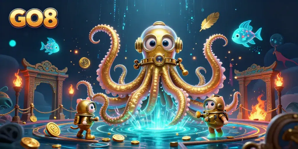 Engage in exciting GO8 gameplay with a vibrant kraken and treasure undersea scene.