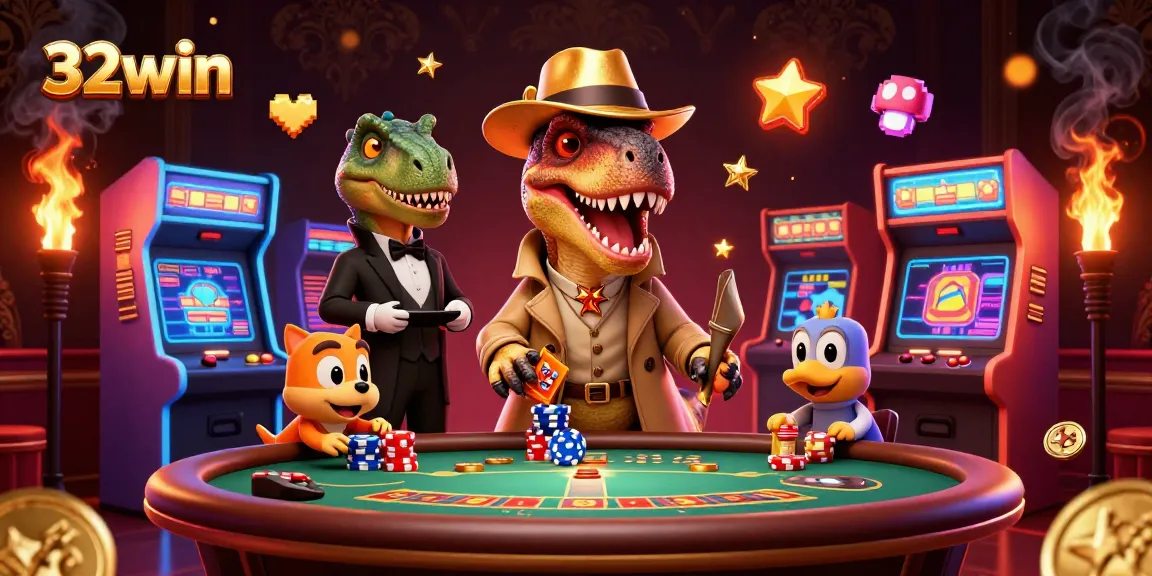32win presents a lively blackjack scene with a velociraptor card counter, stegosaurus pit boss, and compy pickpocket.