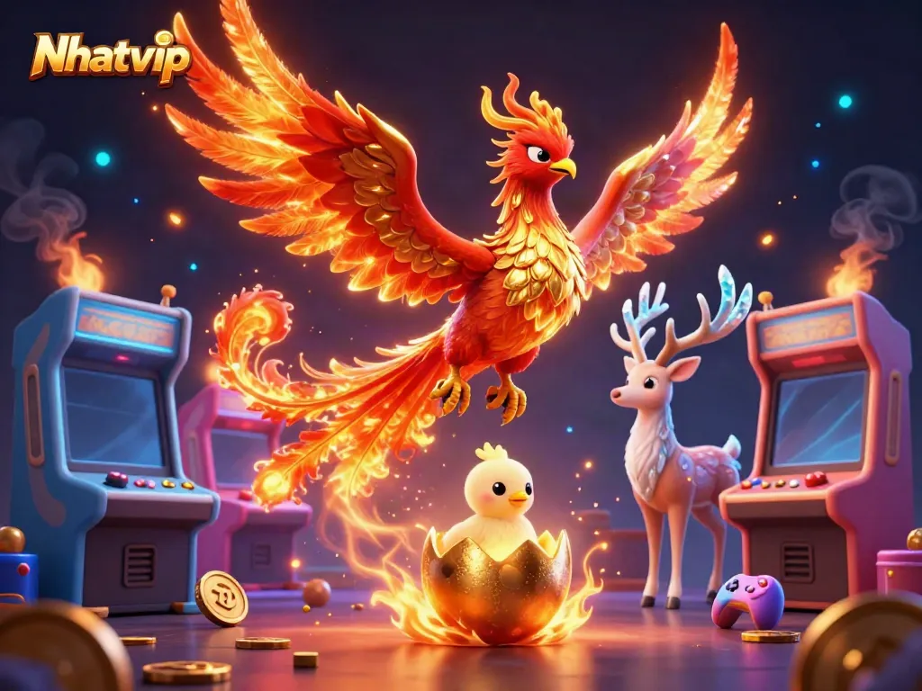 Nhatvip brings excitement with a vibrant phoenix scene amidst dazzling game elements.