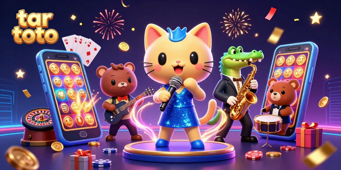Experience the excitement of tar toto with our lively 3D illustration featuring casino characters and games.