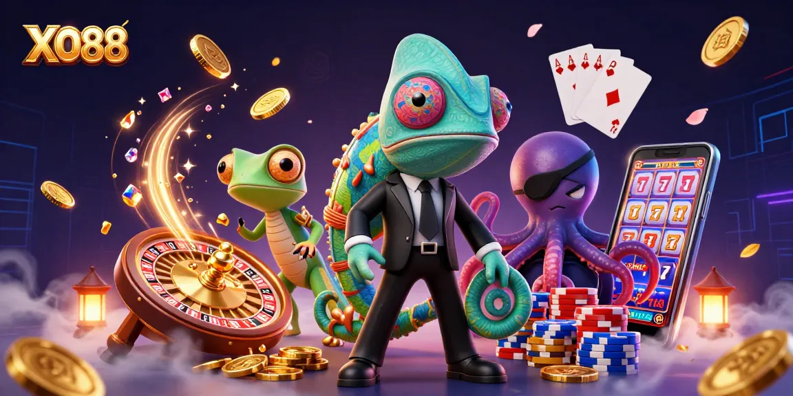 Play exciting games at XO88, featuring a vibrant scene with casino elements and characters.