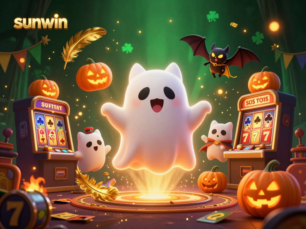 Engage with sunwin's vibrant ghost cat in a haunted casino full of slot machines.