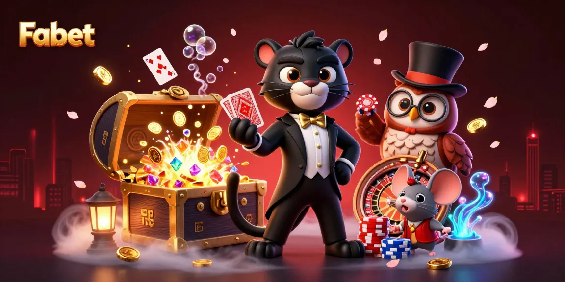 Fabet's stylish characters deal exciting poker chips and cards in a vibrant casino scene.