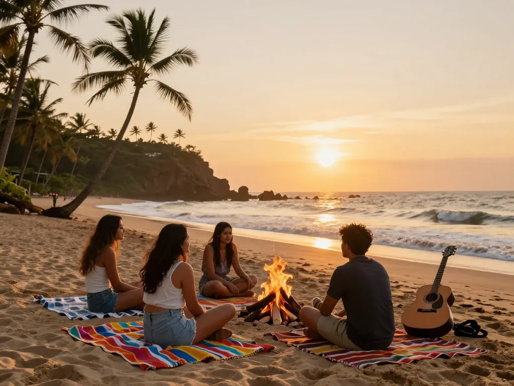 Relaxed traveler at Gokarna resorts during sunset, enjoying beach bonfire with friends.