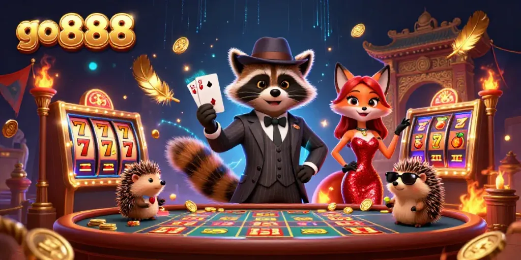 Engage in action at go 888 with a raccoon, fox, and hedgehog in a dazzling casino scene.