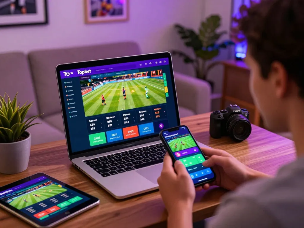 Exciting scene showcasing Topbet uy tín with user engaging in online betting, laptop and smartphone displaying vibrant sports interfaces.