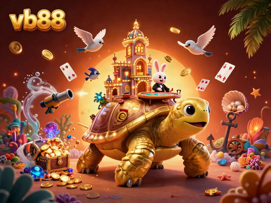 Experience the thrill of vb88 with a vibrant casino scene featuring a golden tortoise, rabbit dealer, and treasure elements.