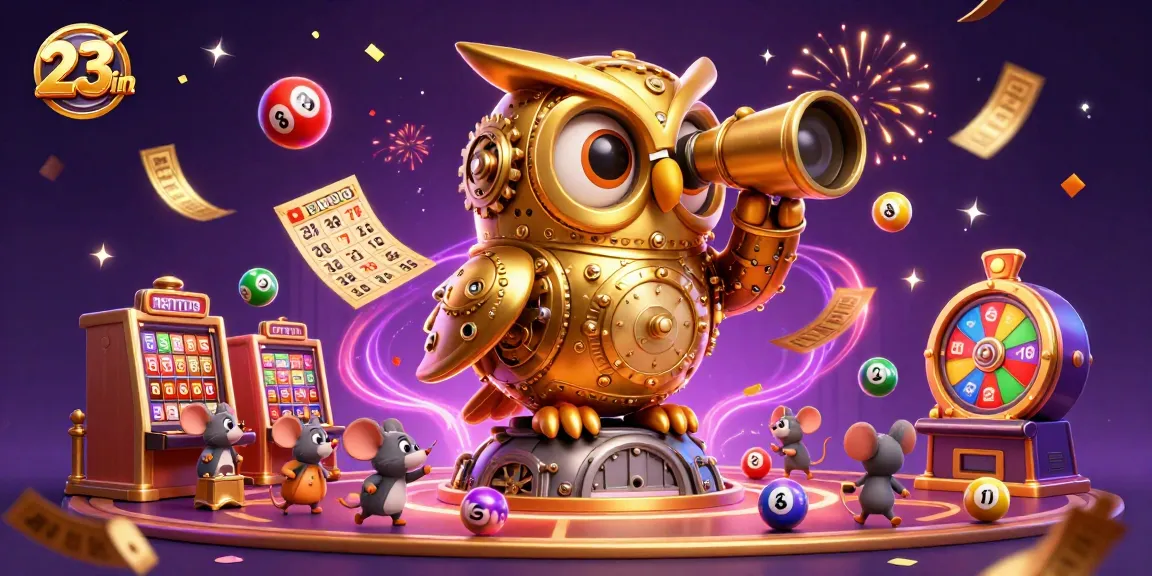 Engage with the dynamic casino scene from 23win featuring a golden clockwork owl amidst vibrant gambling elements.