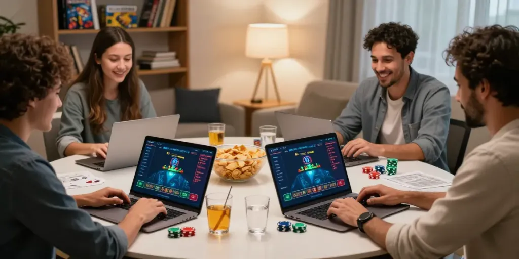Diverse friends playing blackjack en ligne together in a cozy living room setting, enjoying snacks and drinks.