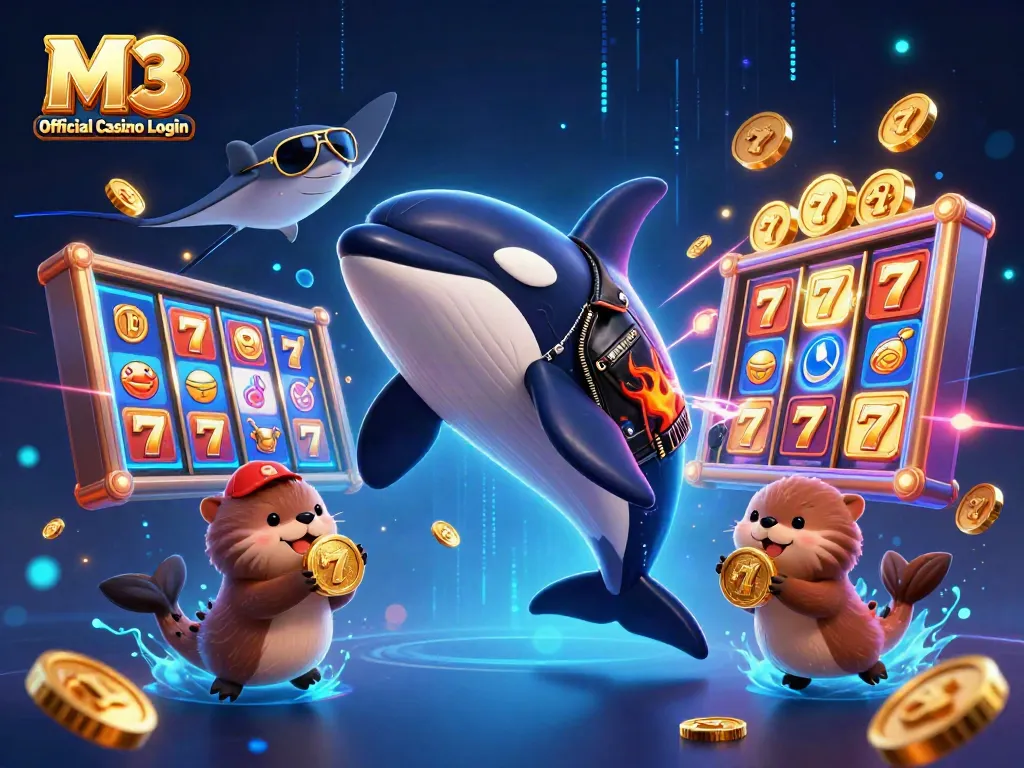 M3 Official Casino Login showcases a vibrant 3D scene with an orca in a biker jacket, a stingray in aviators, and otters holding coins amidst dynamic casino elements.