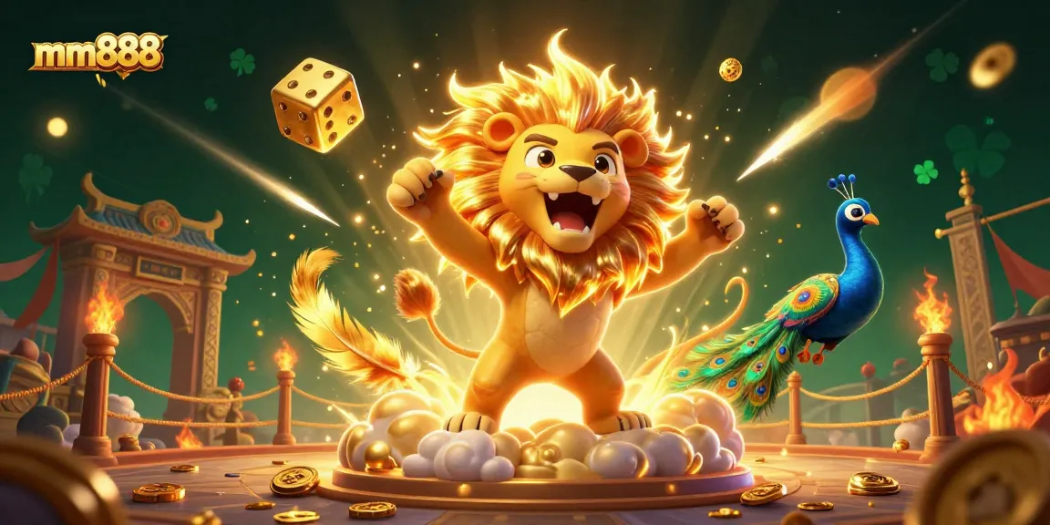 Experience the exciting world of mm888 with a vibrant 3D casino illustration showcasing golden dice and roaring lion.