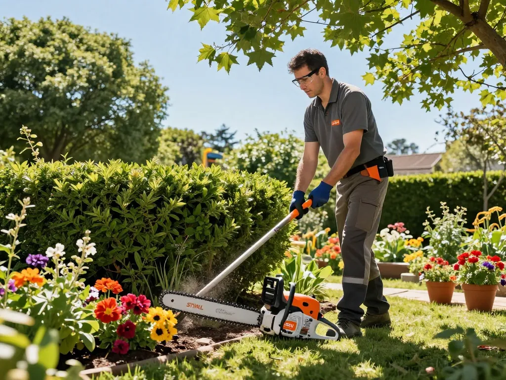 Professional gardener using STIHL Cyprus equipment in a vibrant outdoor landscape