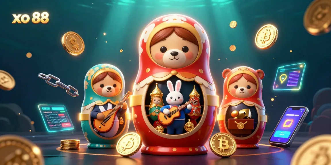 Engage with xo 88 through a vibrant 3D casino scene featuring cartoon bears and crypto elements.