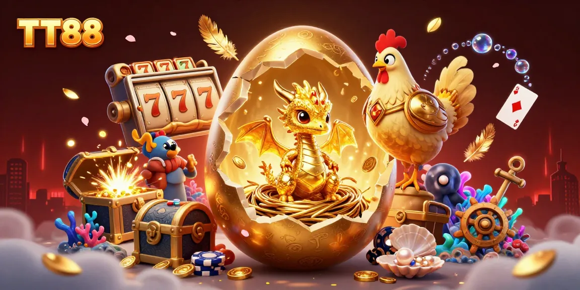 Engage with TT88's world of gaming featuring a golden dragon and vibrant slot machines