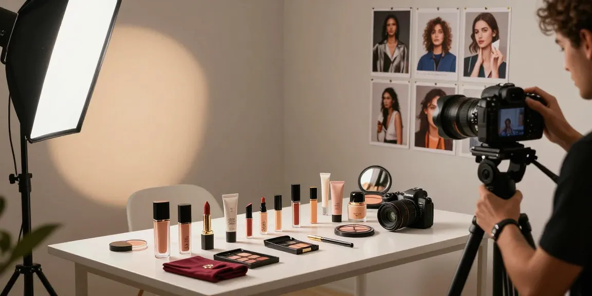 Stupenda vetrina di prodotti da fotografo prodotti milano che evidenzia cosmetici e accessori moda in uno studio professionale.