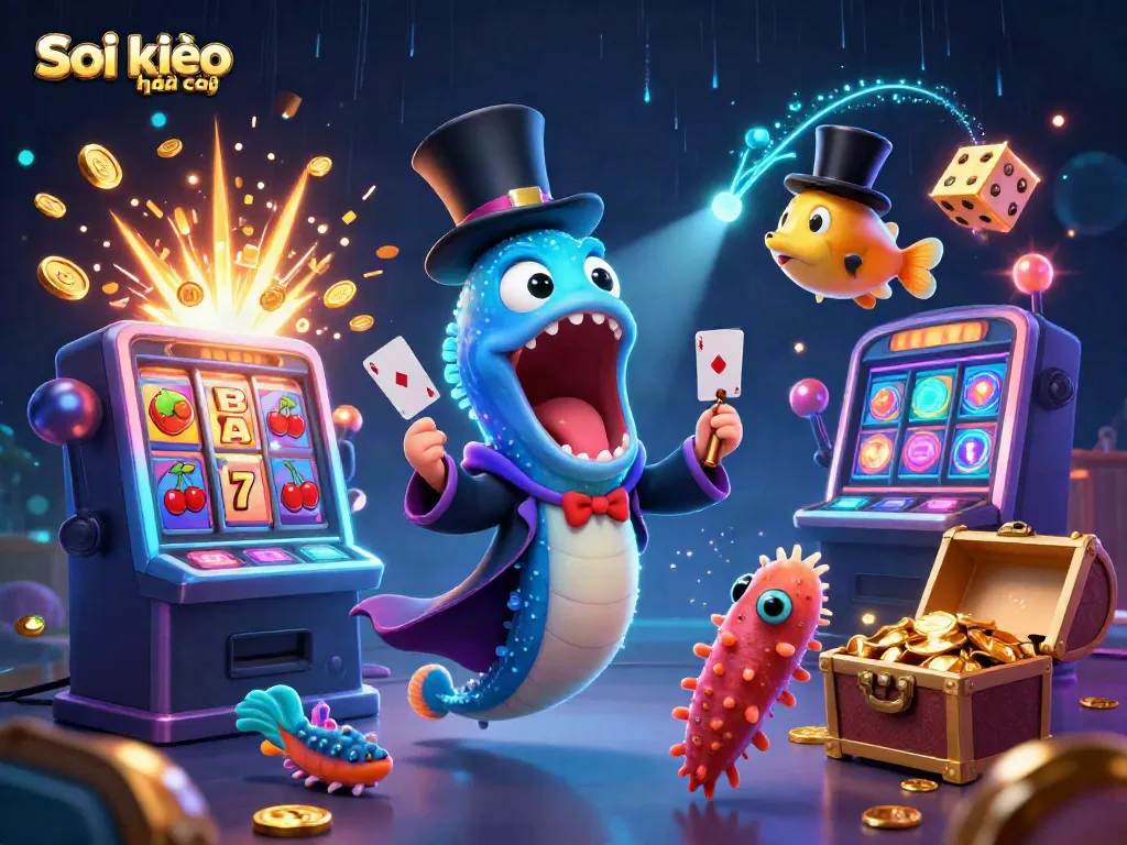 Engaging illustration of Soi kèo nhà cái showcasing a bioluminescent deep-sea eel in a magic act surrounded by dynamic casino elements.