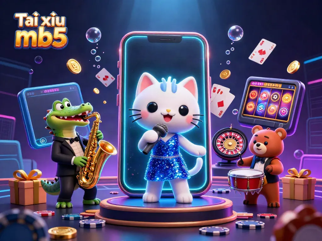 Experience the excitement of Tài xỉu mb5 with a vibrant casino illustration featuring a jazz cat, croc, and bear cub.