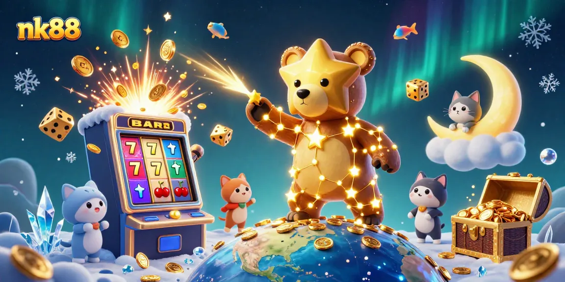 Experience thrilling wins at nk88 with a constellation bear uncovering treasures in a vibrant casino scene.